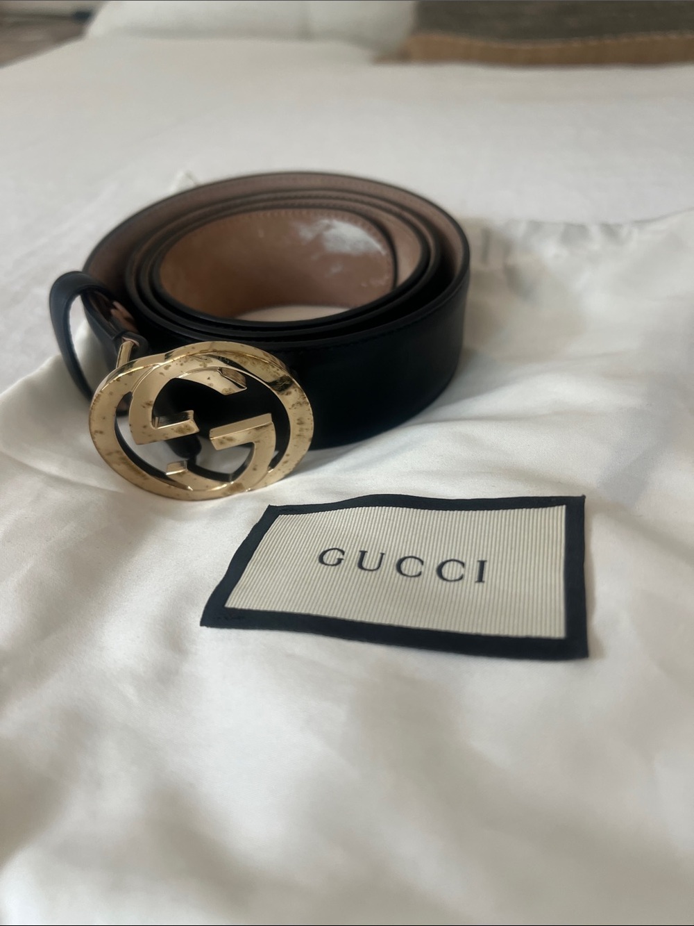 Gucci Black Leather Belt with Gold Double G Buckle. Size 90. With dust bag